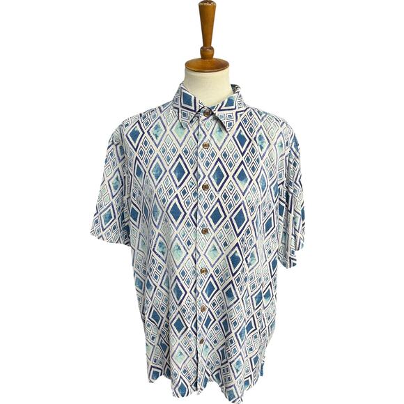 Island Republic 100% Silk Short Sleeve Geometric Button Up Top Size XL - Picture 1 of 6